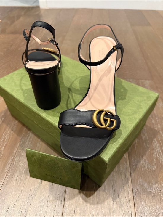 Gucci Shoes - Gucci Black Leather Block Heel Sandals with Gold Double G Buckle